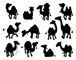 Camel black silhouettes. Isolated desert animals collection. Arabian camels caravan, simple silhouette. Decorative stickers, nowaday vector set
