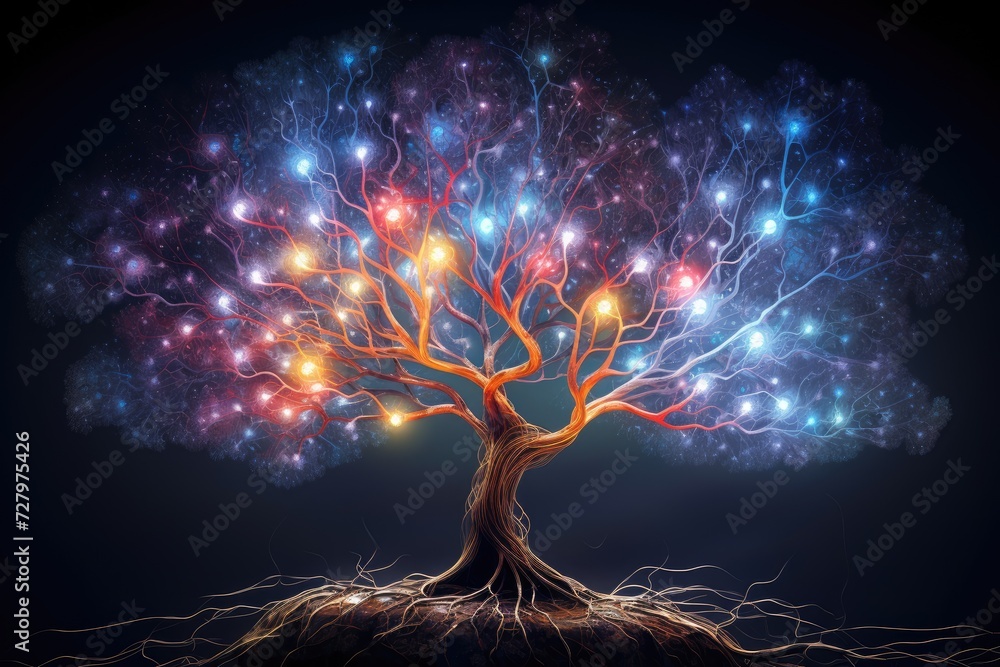 Aufkleber a vibrant painting of a tree adorned with an array of colorful lights, creating a mesmerizing sight,