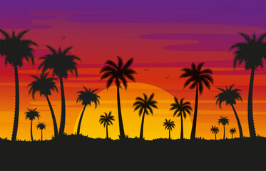 Fototapeta na wymiar Sunset and palm trees. Beach landscape with palms silhouettes on evening. Tropical exotic nature, bright flat abstract neoteric vector background