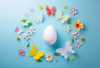 Easter celebration: vibrant display of paper butterflies and flowers surrounding a virgin white egg on a pastel blue background