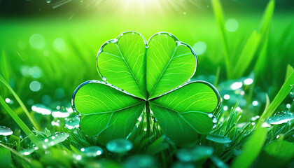 Green clover leaf with water drops on green grass background. 3D illustration