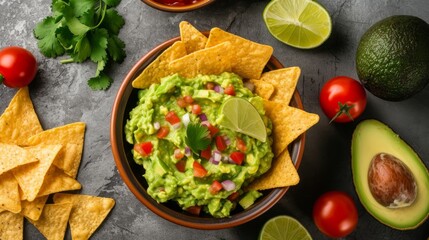 A delectable bowl of guacamole accompanied by crunchy nachos chips and fresh lime slices, artistically presented in a flat lay on a grey table