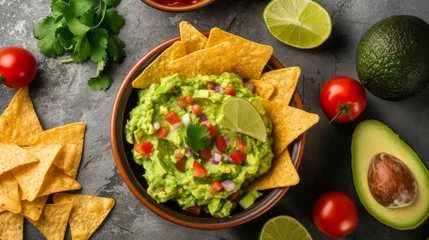 Foto op Plexiglas A delectable bowl of guacamole accompanied by crunchy nachos chips and fresh lime slices, artistically presented in a flat lay on a grey table © Chingiz