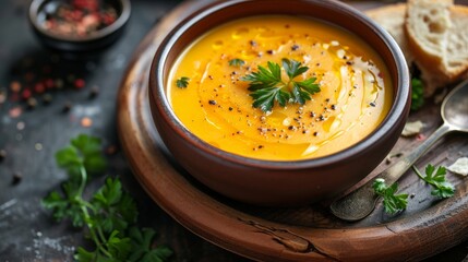 A delightful bowl of creamy soup, exquisitely presented against a colorful background, inviting a taste of its rich flavor
