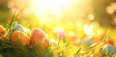 Easter celebration: colorful painted eggs among blooming flowers on a sunny spring day, ideal for holiday greetings and decorations
