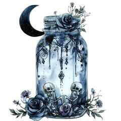 A Single Clipart of a Mason Glass Jar Bathed in Moonlit Mourning, Embellished with Skeletal Moons, Weeping Roses, and Intricate Glasswork Details