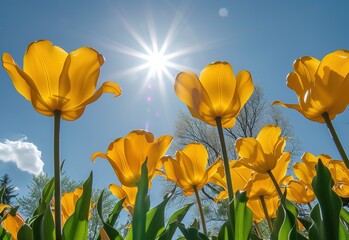 yellow tulips blooming under the shining sun convey the essence of spring beauty and renewal
