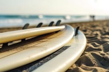 Close up of surfboard on the beach, shallow depth of field. Surfboards on the beach. Vacation Concept with Copy Space.