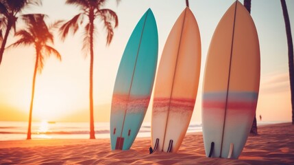 Surfboards on a sandy beach with palm trees in the background. Surfboards on the beach. Vacation...