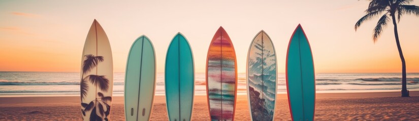 Surfboards on a sandy beach with palm trees in the background. Surfboards on the beach. Vacation Concept with Copy Space.