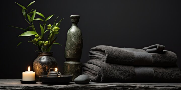 A serene scene featuring a towel resting on fern leaves, accompanied by flickering candles and black hot stones, evoking tranquility and relaxation.