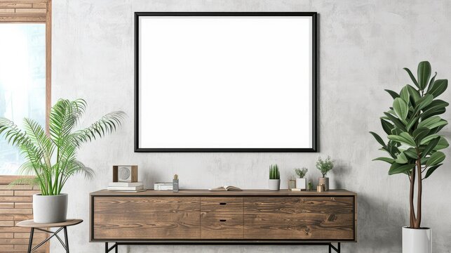 Blank Poster Frame Adorning a White Wall in a Living Room, Complemented by a Wooden Sideboard and a Touch of Greenery