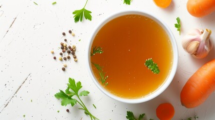 top view of savory chicken broth, stock, or bouillon, richly accompanied by an assortment of vegetables