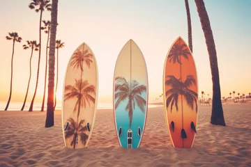 Poster Surfboards palm patterns on the beach with palm trees and sunset sky background. Surfboards on the beach. Vacation Concept with Copy Space. © John Martin