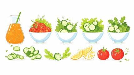 A colorful vector illustration showcasing a fresh vegetable salad alongside a refreshing glass of juice