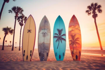  Surfboards palm patterns on the beach with palm trees and sunset sky background. Surfboards on the beach. Vacation Concept with Copy Space. © John Martin