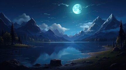 Crescent Moon Lake Cartoon Wallpaper