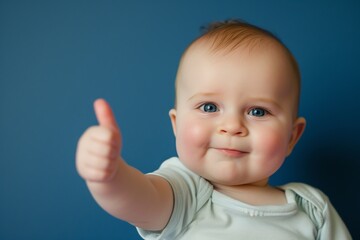 Portrait of a cute baby boy showing thumbs up on blue background. AI.