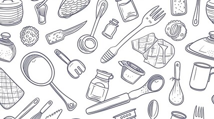 seamless pattern featuring elegantly outlined kitchen cutlery, created with a continuous one-line drawing