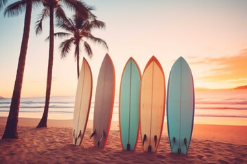 Surfboards on the beach at sunset. Vintage filter effect. Surfboards on the beach. Vacation Concept...