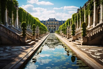 A stunning modern building with a large water pool in front, providing a serene and refreshing atmosphere, Palace of Versailles gardens in Spring, AI Generated - obrazy, fototapety, plakaty