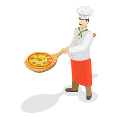 3D Isometric Flat Vector Illustration of Italian Chef, Freshly Baked Pizza. Item 1