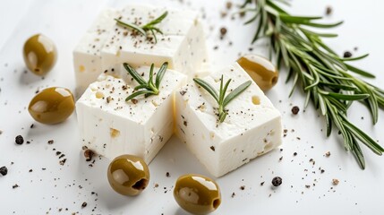 simple yet elegant arrangement of cut feta cheese, sprigs of rosemary, and olives, all set against a clean white background