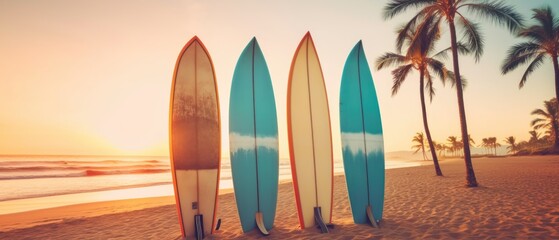 Surfboards on the beach with palm trees at sunset - Vintage filter. Surfboards on the beach. Vacation Concept with Copy Space. - obrazy, fototapety, plakaty