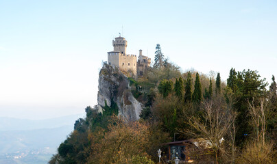 View of the Cesta Tower, also known as "Fratta" or Second Tower. It is one of three towered peaks overlooking the city of San Marino. The tower is an important part of San Marino history.