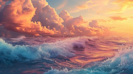 Fototapeta premium Ocean Waves, a captivating and serene colorful backdrop, mirrors the rhythmic dance of azure waves, bringing the tranquil beauty of the sea to your event or project.
