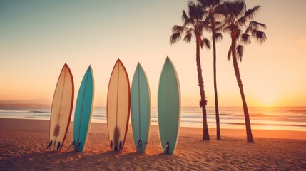 Surfboards on the beach with palm trees at sunset. Vintage filter. Surfboards on the beach. Vacation Concept with Copy Space. - obrazy, fototapety, plakaty