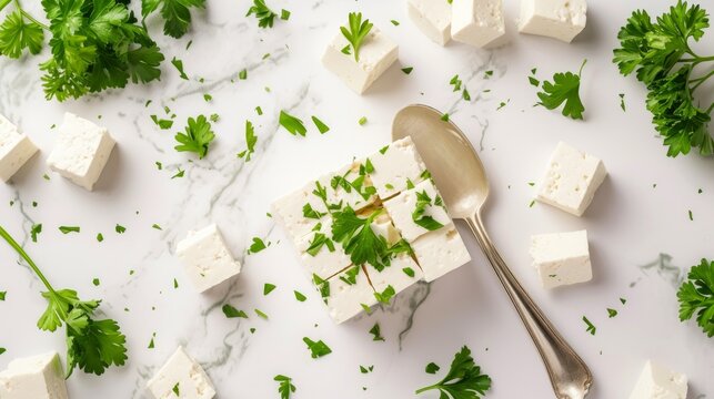 A tantalizing flat lay of delicious tofu cheese, garnished with fresh parsley
