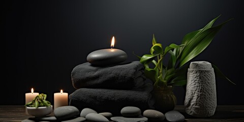 Amidst lush ferns, a towel is placed alongside flickering candles and black hot stones, creating a serene oasis perfect for unwinding and rejuvenation.