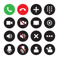 Video call icon set. Video conference call. Collections buttons of call, record, add call, microphone, mute, number pad, speaker, silent, video, contacts for app in colored style - Vector Icon