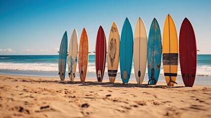 Colorful surfboards on the beach. Surfboards on the beach. Surfboards on the beach. Vacation Concept with Copy Space.