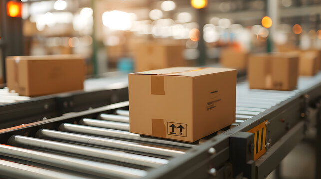 Fulfillment Center Closeup: Seamless Movement of Cardboard Packages on Conveyor Belt, Capturing the Essence of E-commerce, Delivery Automation, and Product Flow