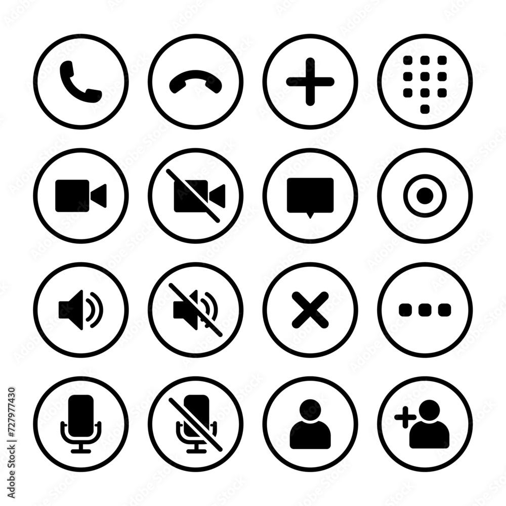 Poster video call icon set. video conference call. collections buttons of call, record, add call, microphon