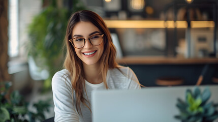 Sourires au Travail : Portrait en Gros Plan Capturant la Beauté Radieuse d'une Jeune Femme Travaillant sur son Ordinateur Portable au Bureau
