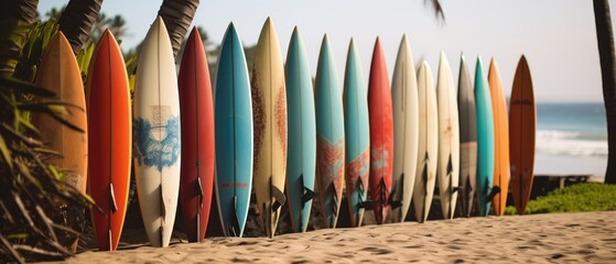 Surfboards on a sandy beach with palm trees in the background. Surfboards on the beach. Vacation...