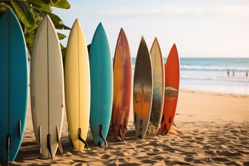 Surfboards on the beach. Surfboard on the beach. Surfboards on the beach. Vacation Concept with Copy Space.