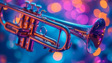 Close-up of a polished brass trumpet against a soft bokeh background with vibrant colors