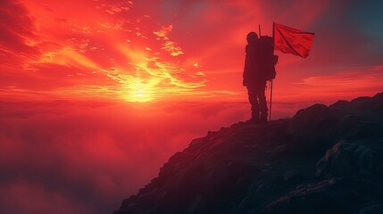 Silhouette of a climber with a flag on a mountain peak against a dramatic sunset.