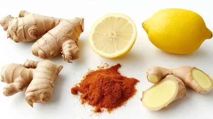 Fotobehang ginger, cayenne pepper and lemon isolated on white background © Chingiz