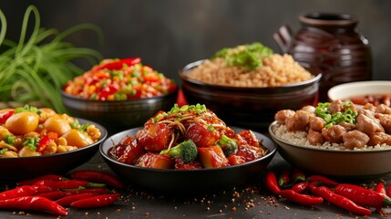 Fototapeta premium group of tasty Chinese dishes, beautifully arranged on a colorful background