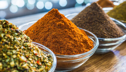 Powdered spices, condiments, display cases with spices