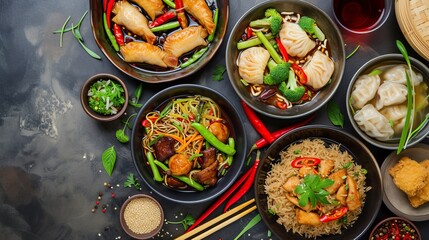 group of tasty Chinese dishes, beautifully arranged on a colorful background