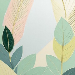Floral background with leaves; Minimalist botanical template in pastel colors