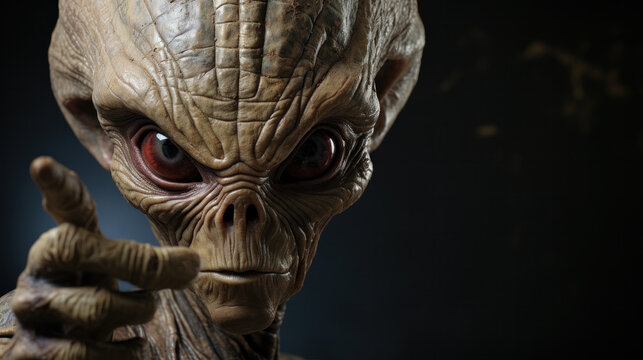 Portrait of alien against night background for copy text and write your text. Image concept for store sales discount offer with person pointing finger hand and looking on camera.