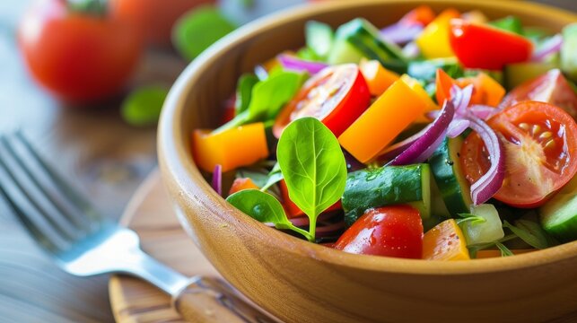close-up of a vibrant vegetable salad bowl with a fork, perfectly representing the concept of healthy eating