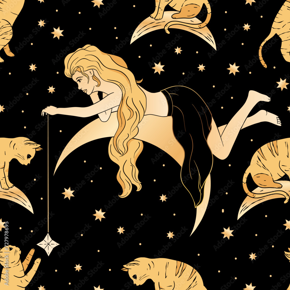 Wall mural Beautiful Blonde Woman With Sitting On a Moon Magic Celestial Golden Seamless Astrology Pattern Background.